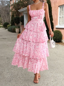 Detail of pink floral print maxi dress with tiered ruffles and spaghetti straps