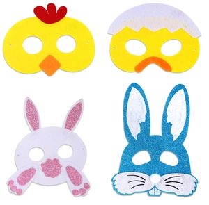Detail showing colorful felt Easter animal masks with glitter chick and bunny designs