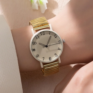 Minimalist gold elastic strap watch for women with stylish hand-drawn numerals on dial