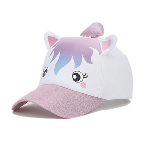 Detail of kids unicorn baseball cap featuring glittery pink brim and 3D bow decoration