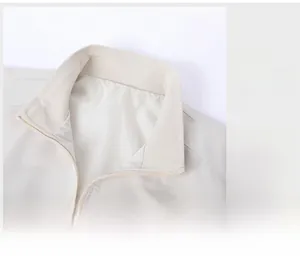 Close-up of the classic stand collar and high-quality resin zipper on a cream casual jacket