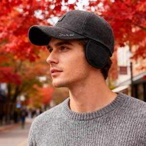 Men's dark grey winter baseball cap with ear flaps and fleece lining for outdoor warmth