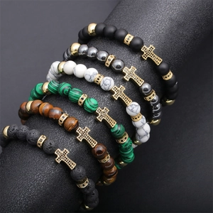 Men's natural stone bead bracelets with gold cross and matte black lava hematite beads