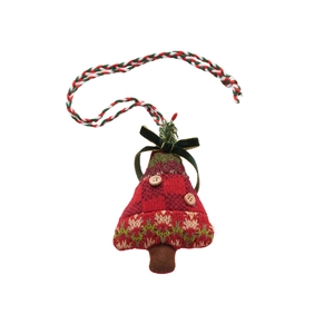 Christmas tree plush pendant necklace with red knit fabric and wooden button details