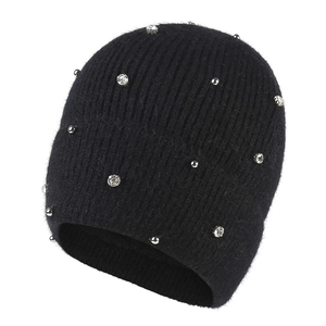 Women Winter Warm Knit Beanie Acrylic Hat Rhinestone Bead Decor Fleece Lined Thermal Outdoor Skiing Headwear For Lady