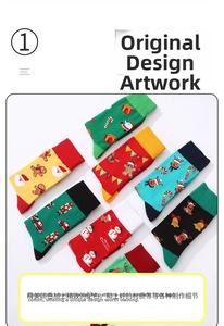 Close-up of cotton Christmas crew socks featuring Santa, Reindeer, and Gingerbread patterns