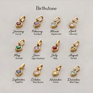 Collection of 12 heart-shaped birthstone pendants in gold setting for necklaces
