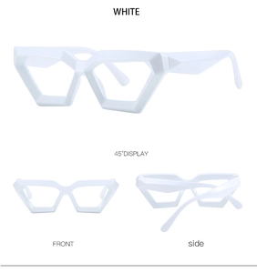 Three-way view of white irregular geometric eyeglass frames showing front and side angles