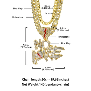 Detailed view of NO LOVE pendant Cuban chain set with rhinestones and precise dimensions