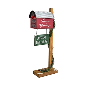 Christmas barn mailbox ornament with Seasons Greetings text and pine needle accents
