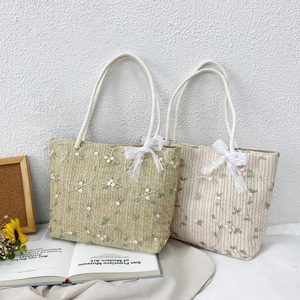 Straw Woven Tote Bag With Floral Embroidery And Lace Bow Decoration Summer Beach Handbag Cotton Rope Handle For Women