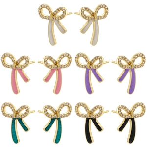 Elegant Bowknot Stud Earrings Brass Zircon Enamel Colorful Drip Oil Sweet Cute Aesthetic Jewelry For Women Girls