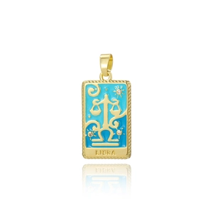 Dettaglio del ciondolo rettangolare placcato oro 18k con smalto blu e segno zodiacale Bilancia