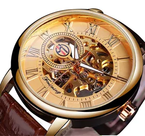 Macro shot of gold skeleton mechanical watch face with visible gears and Roman numerals