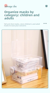 Detail view of high and low transparent dust-proof storage boxes for face masks and medicine