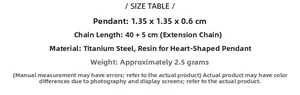 Size chart for heart pendant necklace showing 40+5cm chain length and material details