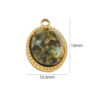 Detailed view of 15x10.5mm gold-edged oval gemstone pendant with faceted dark stone