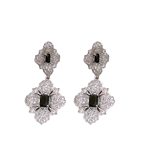 Vintage silver hollowed flower drop earrings with rectangular black stone and zircons
