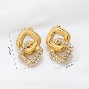 Detail view of double heart earrings in gold finish with crystal inlay and dimensions