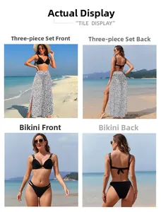 Three-piece bikini set with black top, bottoms and white polka dot side-slit trousers
