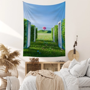 Detail view of Bohemian tapestry featuring surreal pink trees and geometric garden arch