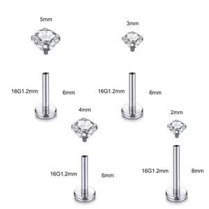 Sizing chart for stainless steel labret studs with internal thread and cubic zirconia gems