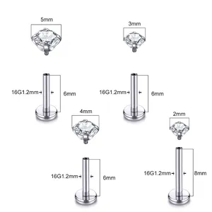 Sizing chart for stainless steel labret studs with internal thread and cubic zirconia gems