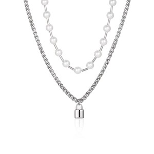 Double-layer pearl necklace with silver keel chain and padlock pendant for street style