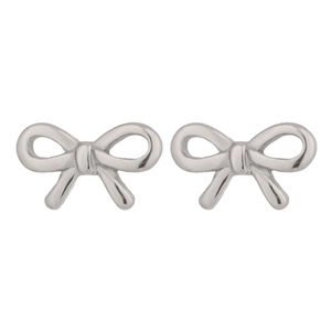 Close-up of elegant silver bow stud earrings with polished metallic finish on white background