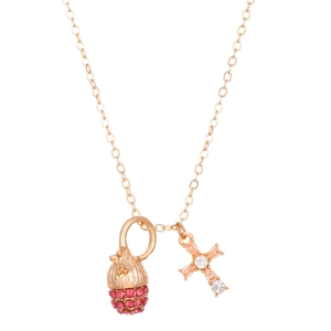 Goldkette mit Erdbeer- und Kreuzanhängern mit rotem Zirkon und pfirsichfarbenen Steinen