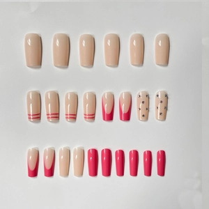 Pink Barbie French style coffin press-on nails set with glitter diamonds and rhinestones