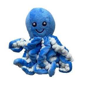 Blue squeaky octopus plush dog toy with soft embroidery and durable textured tentacles