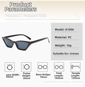 Detailed product dimensions and specifications for black cat eye triangle sunglasses