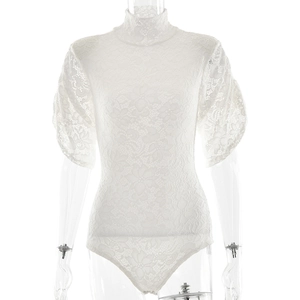 Elegant white floral lace bodysuit with high neck and short sleeves for women