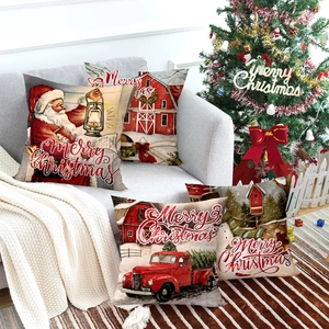 Set of 4 Christmas pillow covers with Santa and vintage red truck for home sofa decor
