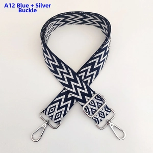 Close-up of blue wave patterned woven shoulder strap with adjustable silver metal buckles