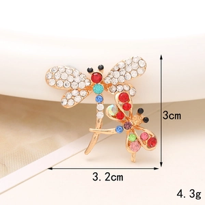 Colorful rhinestone dragonfly brooch with gold base in a double insect design