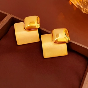 Minimalist gold plated irregular geometric rectangle earrings with matte and polished texture