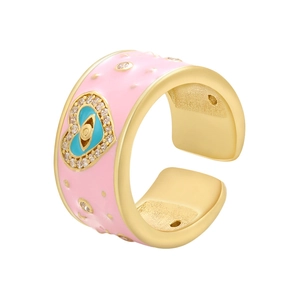 Golden open ring with pink enamel band and blue evil eye heart with crystals