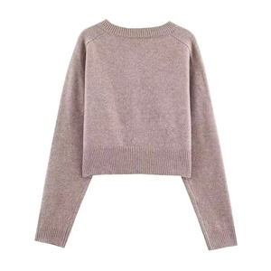Women's casual knit cardigan in rose pink with ribbed cuffs and round neckline