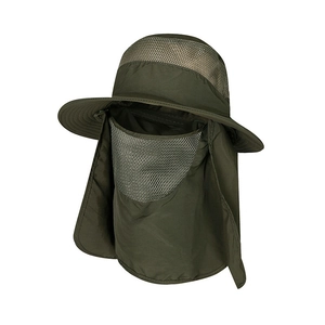 Detail view of deep olive green sun hat with breathable mesh and detachable face shield