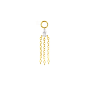 Detailed macro of S925 silver earring charm with pear-cut zircon and gold fringe tassels
