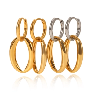 Polished stainless steel hoop earrings in gold and silver finishes on white background