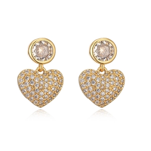 Elegant 18K gold plated heart drop earrings with shimmering zircon crystals on white background