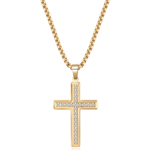 26mm gold plated stainless steel cross necklace with crystal pavé on a box chain for men