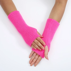 Detailed view of pink ribbed knit fingerless gloves with a soft warm texture