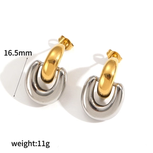 Double layer two-tone gold and silver U-shaped stainless steel hoop earrings, 16.5mm size
