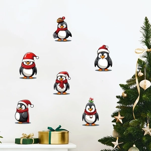 Christmas penguin wall stickers with 6 cartoon designs for holiday room wall decoration
