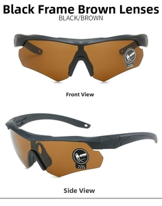 Tactical goggles with black frame and brown lenses shown in front and side detail views