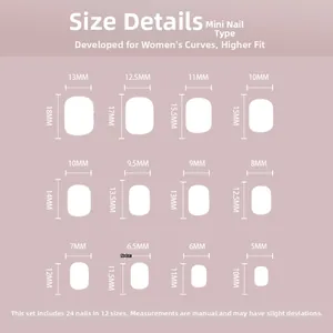 Size chart for mini press-on nails showing 12 dimensions and 24 pieces in a set